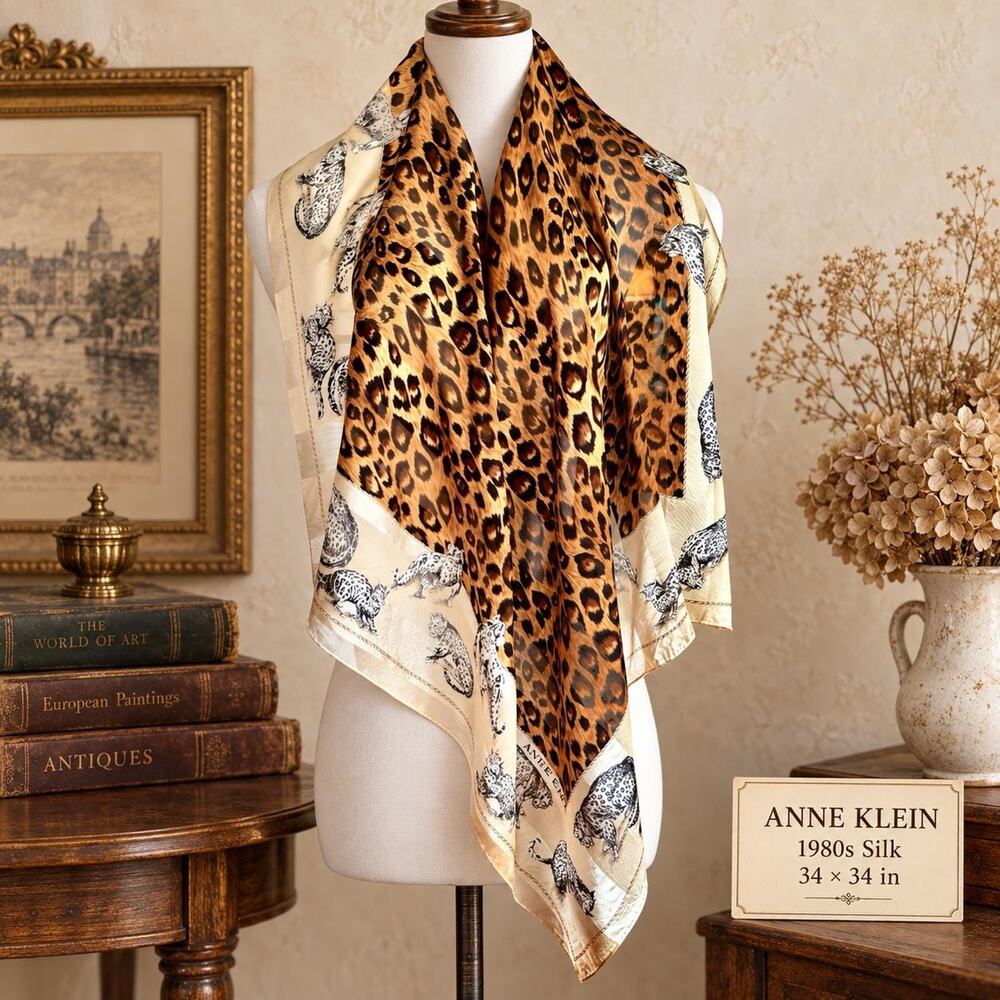 Vintage Anne Klein 1980s Silk Leopard Scarf Border 34x34